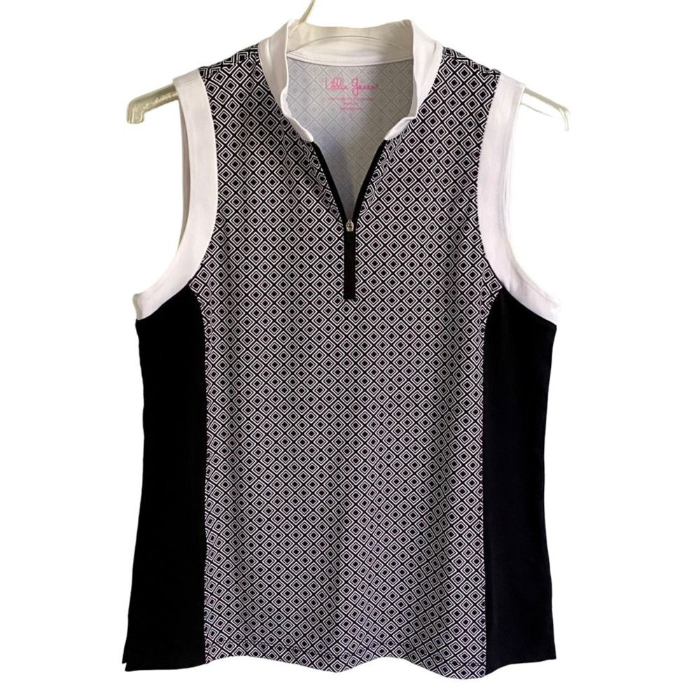 Lillie Green Sleeveless Quarter Zip Black White Performance Top Small NEW